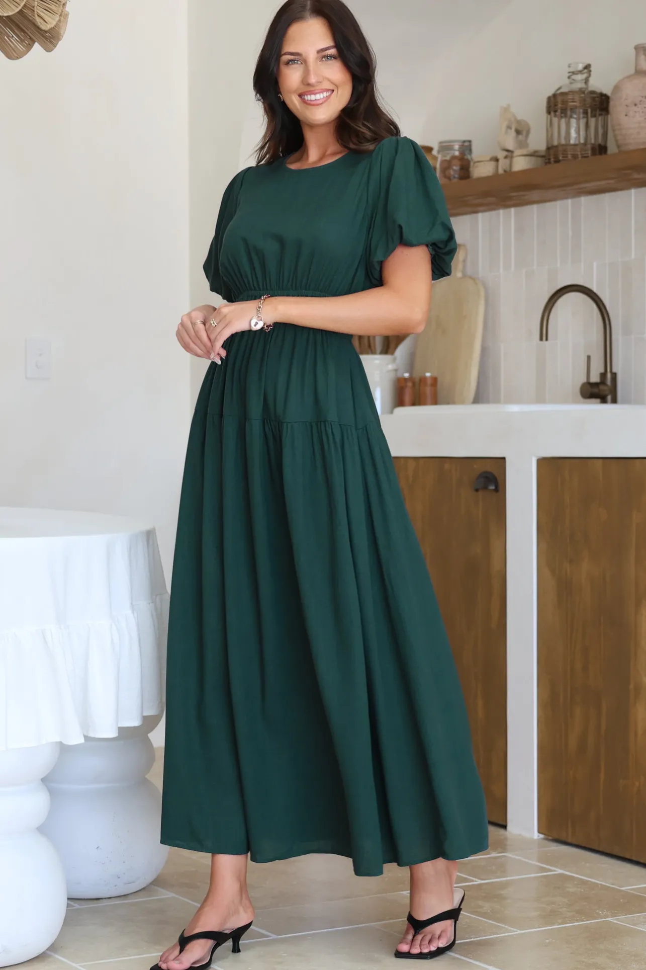 Maeana Maxi Dress - Short Balloon Sleeeve Elasticated Waist A Line Dress in Emerald>Salty Crush Sale