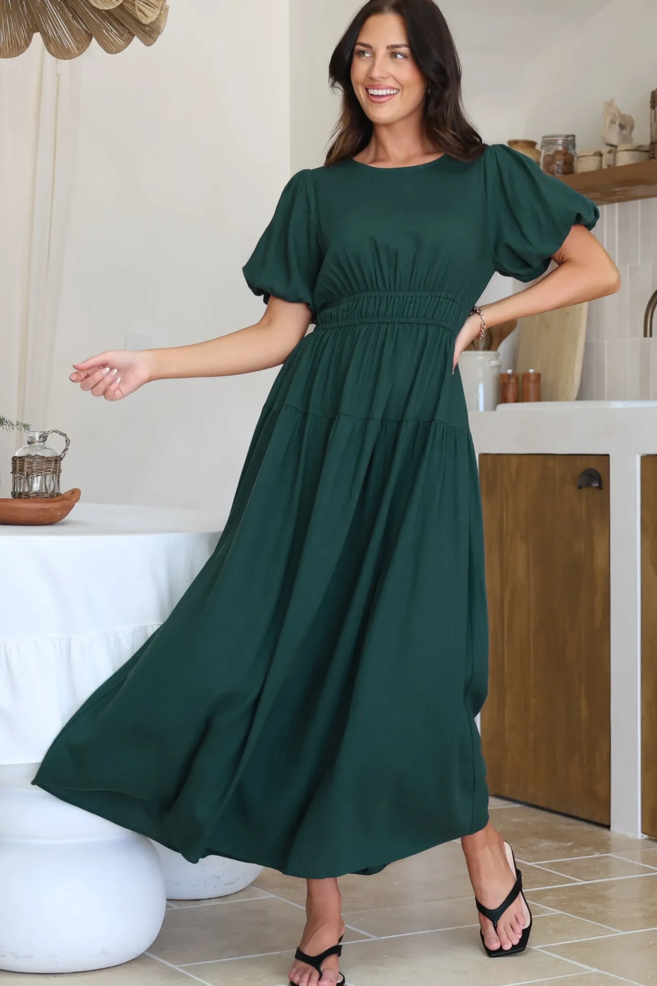 Maeana Maxi Dress - Short Balloon Sleeeve Elasticated Waist A Line Dress in Emerald>Salty Crush Sale