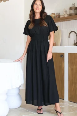 Maeana Maxi Dress - Short Balloon Sleeeve Elasticated Waist A Line Dress in Black>Salty Crush New
