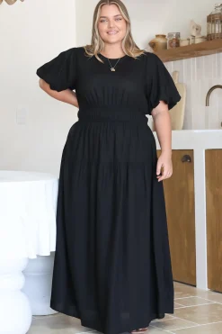 Maeana Maxi Dress - Short Balloon Sleeeve Elasticated Waist A Line Dress in Black>Salty Crush New