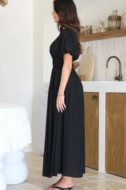 Maeana Maxi Dress - Short Balloon Sleeeve Elasticated Waist A Line Dress in Black><noscript><img width=
