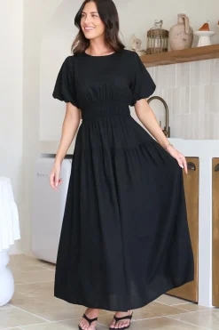 Maeana Maxi Dress - Short Balloon Sleeeve Elasticated Waist A Line Dress in Black><noscript><img width=