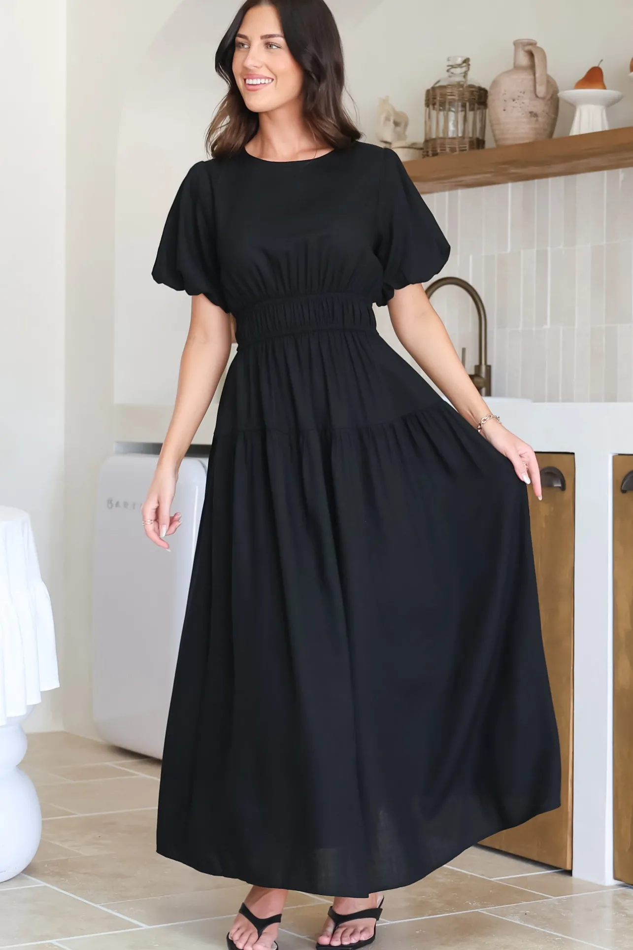 Maeana Maxi Dress - Short Balloon Sleeeve Elasticated Waist A Line Dress in Black>Salty Crush New