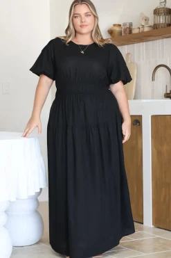 Maeana Maxi Dress - Short Balloon Sleeeve Elasticated Waist A Line Dress in Black><noscript><img width=