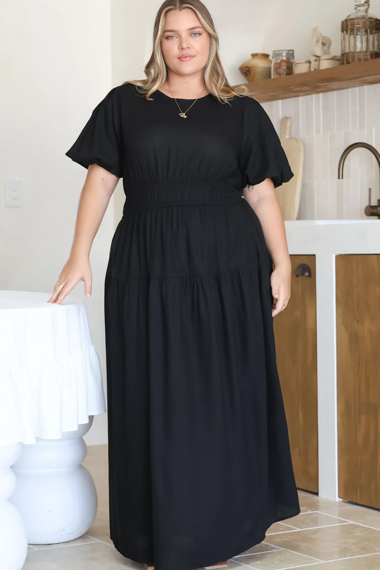 Maeana Maxi Dress - Short Balloon Sleeeve Elasticated Waist A Line Dress in Black>Salty Crush New