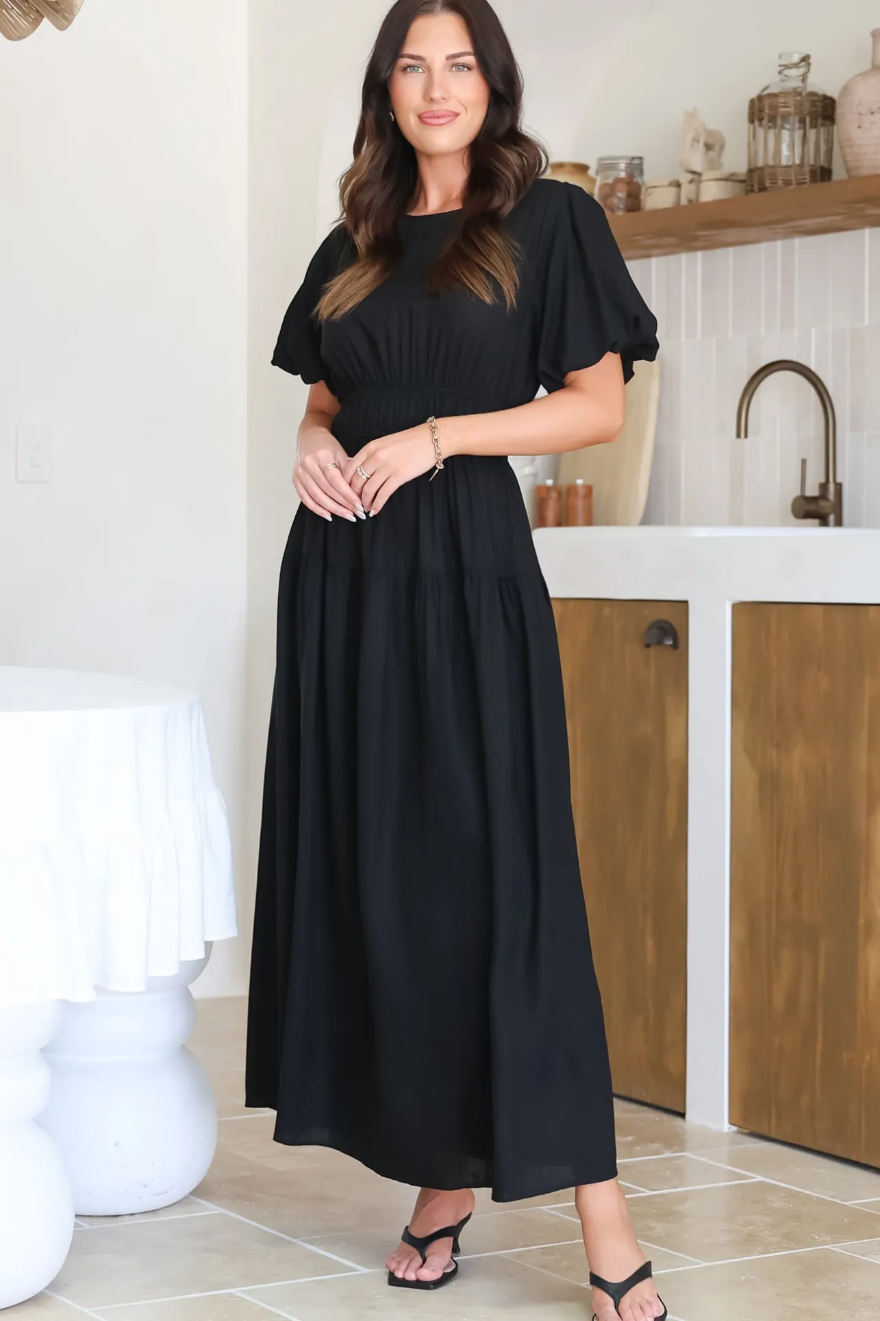 Maeana Maxi Dress - Short Balloon Sleeeve Elasticated Waist A Line Dress in Black>Salty Crush New
