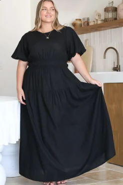 Maeana Maxi Dress - Short Balloon Sleeeve Elasticated Waist A Line Dress in Black><noscript><img width=