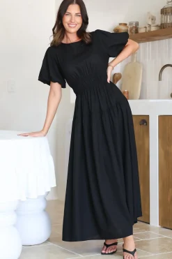 Maeana Maxi Dress - Short Balloon Sleeeve Elasticated Waist A Line Dress in Black><noscript><img width=