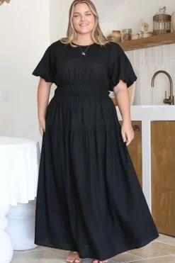 Maeana Maxi Dress - Short Balloon Sleeeve Elasticated Waist A Line Dress in Black><noscript><img width=