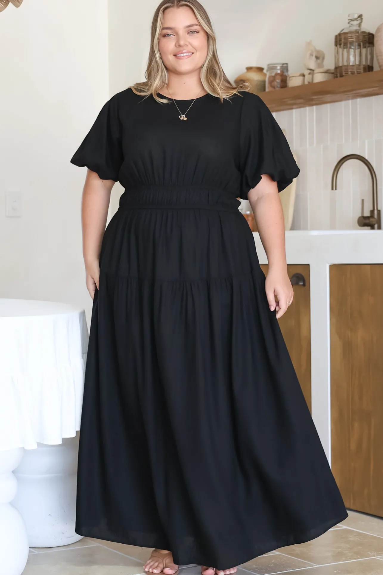 Maeana Maxi Dress - Short Balloon Sleeeve Elasticated Waist A Line Dress in Black>Salty Crush New