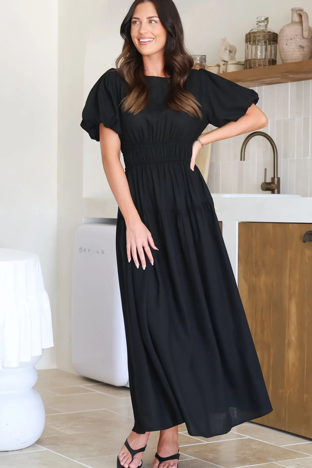 Maeana Maxi Dress - Short Balloon Sleeeve Elasticated Waist A Line Dress in Black>Salty Crush New