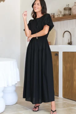 Maeana Maxi Dress - Short Balloon Sleeeve Elasticated Waist A Line Dress in Black><noscript><img width=