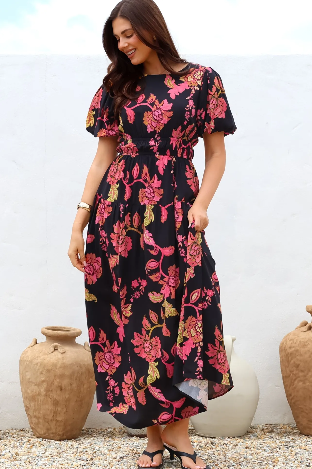 Maeana Maxi Dress - Short Balloon Sleeeve Elasticated Waist A Line Dress in Valerie Print>Salty Crush Outlet