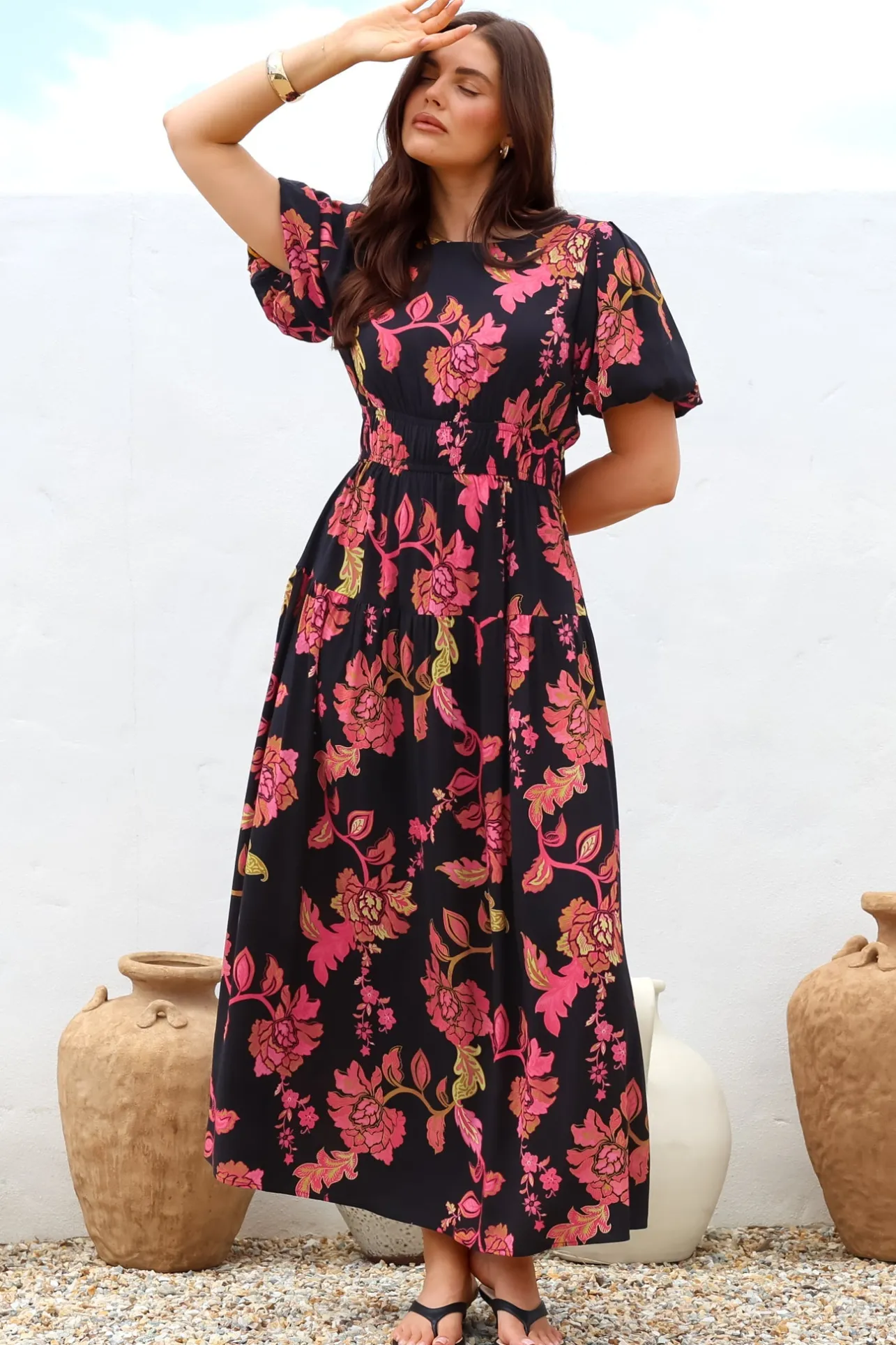 Maeana Maxi Dress - Short Balloon Sleeeve Elasticated Waist A Line Dress in Valerie Print>Salty Crush Outlet