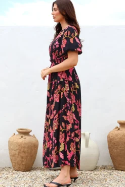 Maeana Maxi Dress - Short Balloon Sleeeve Elasticated Waist A Line Dress in Valerie Print><noscript><img width=