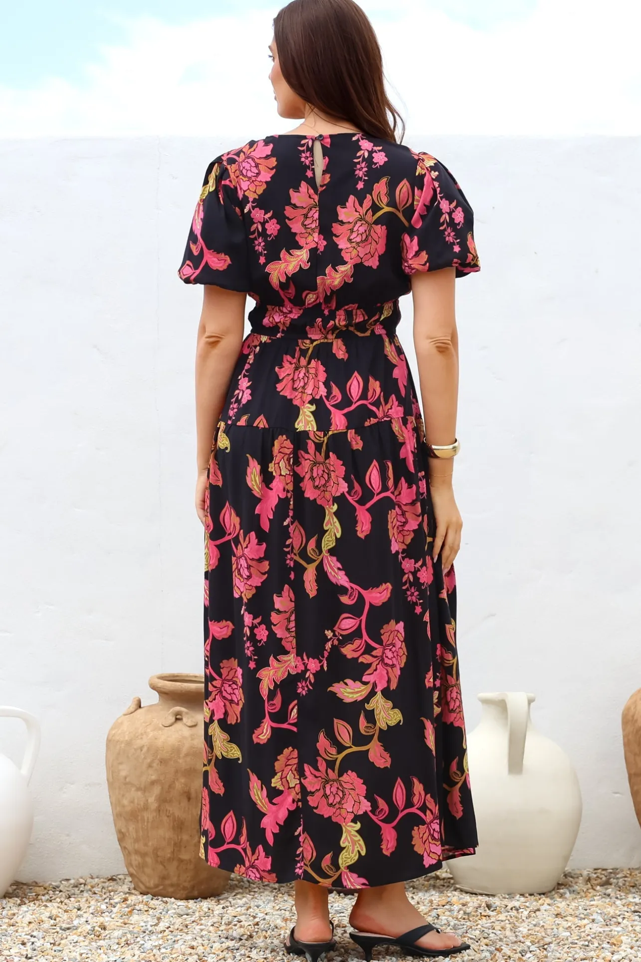Maeana Maxi Dress - Short Balloon Sleeeve Elasticated Waist A Line Dress in Valerie Print>Salty Crush Outlet