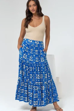 Maggie Maxi Skirt - Elasticated High Waist Skirt in Talia Print>Salty Crush Clearance