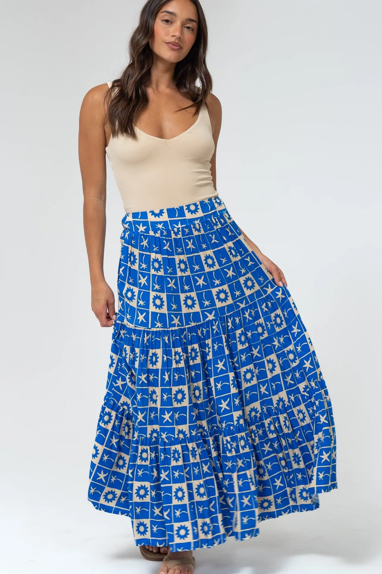 Maggie Maxi Skirt - Elasticated High Waist Skirt in Talia Print>Salty Crush Clearance