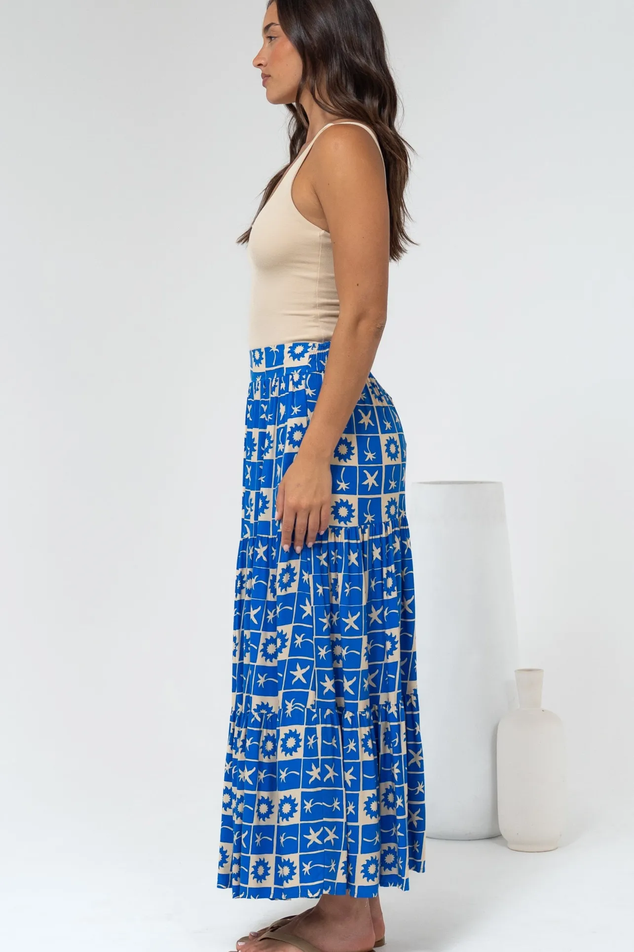 Maggie Maxi Skirt - Elasticated High Waist Skirt in Talia Print>Salty Crush Clearance