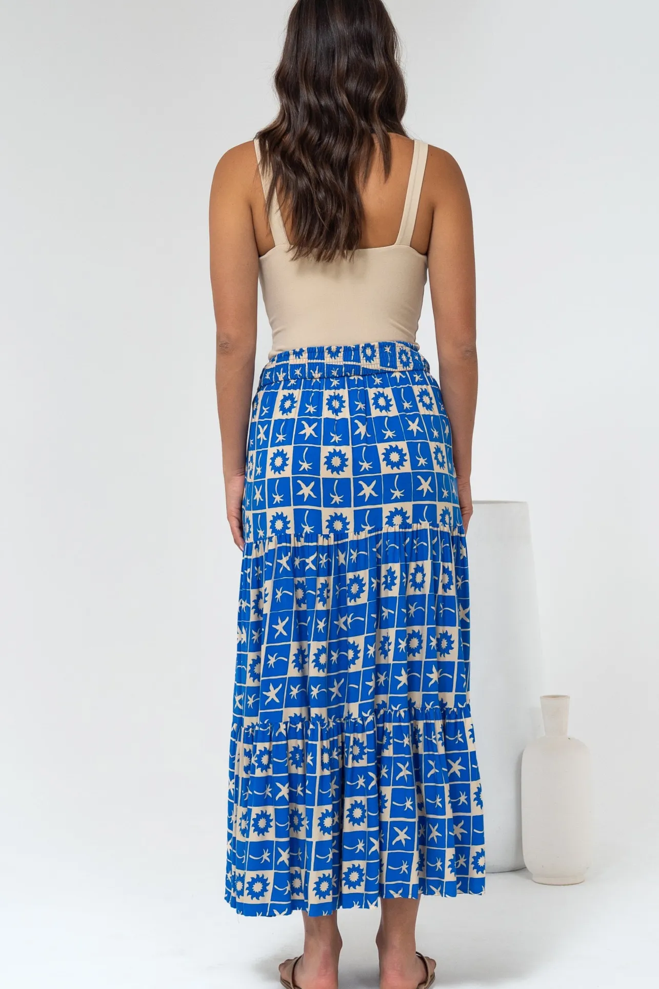 Maggie Maxi Skirt - Elasticated High Waist Skirt in Talia Print>Salty Crush Clearance