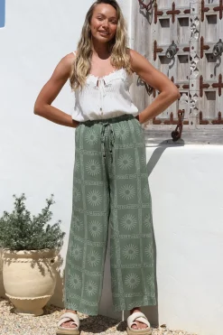 Mahina Pants - High Waisted Straight Leg Pants Astra Print in Green>Salty Crush Hot