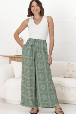Mahina Pants - High Waisted Straight Leg Pants Astra Print in Green><noscript><img width=