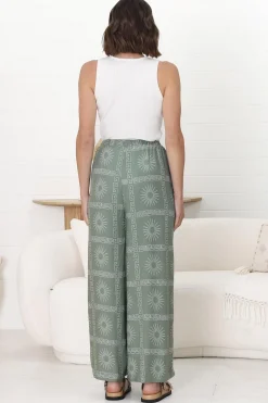 Mahina Pants - High Waisted Straight Leg Pants Astra Print in Green><noscript><img width=