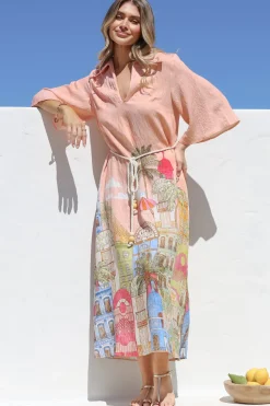 Maisy Midi Dress - Collared Shift Dress with Robe Belt and Bell Sleeves in Tullia Print><noscript><img width=