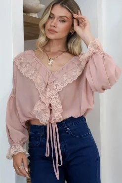 Mallin Blouse - Cascading Ruffles and Lace Crop with Balloon Sleeves in Pink><noscript><img width=