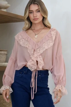Mallin Blouse - Cascading Ruffles and Lace Crop with Balloon Sleeves in Pink><noscript><img width=