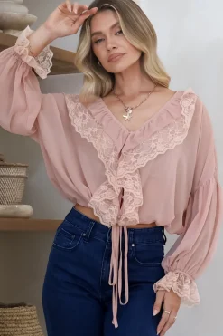 Mallin Blouse - Cascading Ruffles and Lace Crop with Balloon Sleeves in Pink><noscript><img width=