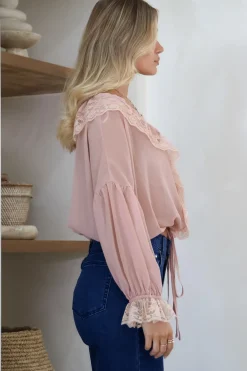 Mallin Blouse - Cascading Ruffles and Lace Crop with Balloon Sleeves in Pink><noscript><img width=
