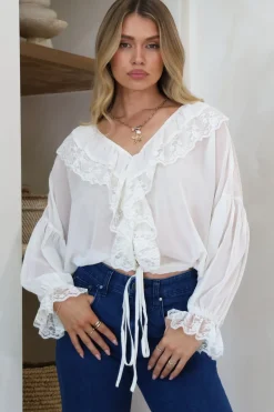 Mallin Blouse - Cascading Ruffles and Lace Crop with Balloon Sleeves in White>Salty Crush Best