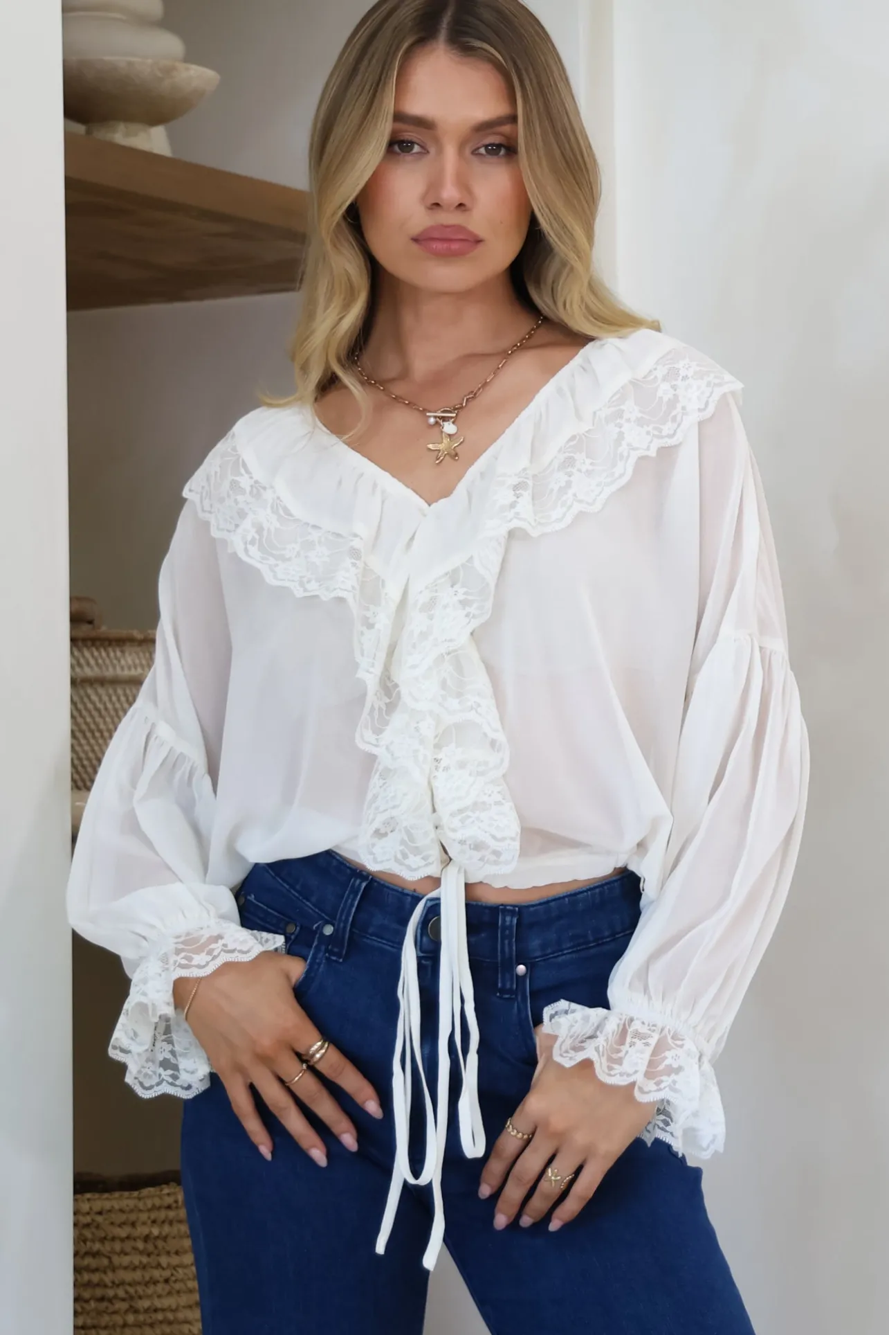 Mallin Blouse - Cascading Ruffles and Lace Crop with Balloon Sleeves in White>Salty Crush Best