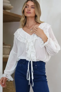 Mallin Blouse - Cascading Ruffles and Lace Crop with Balloon Sleeves in White><noscript><img width=