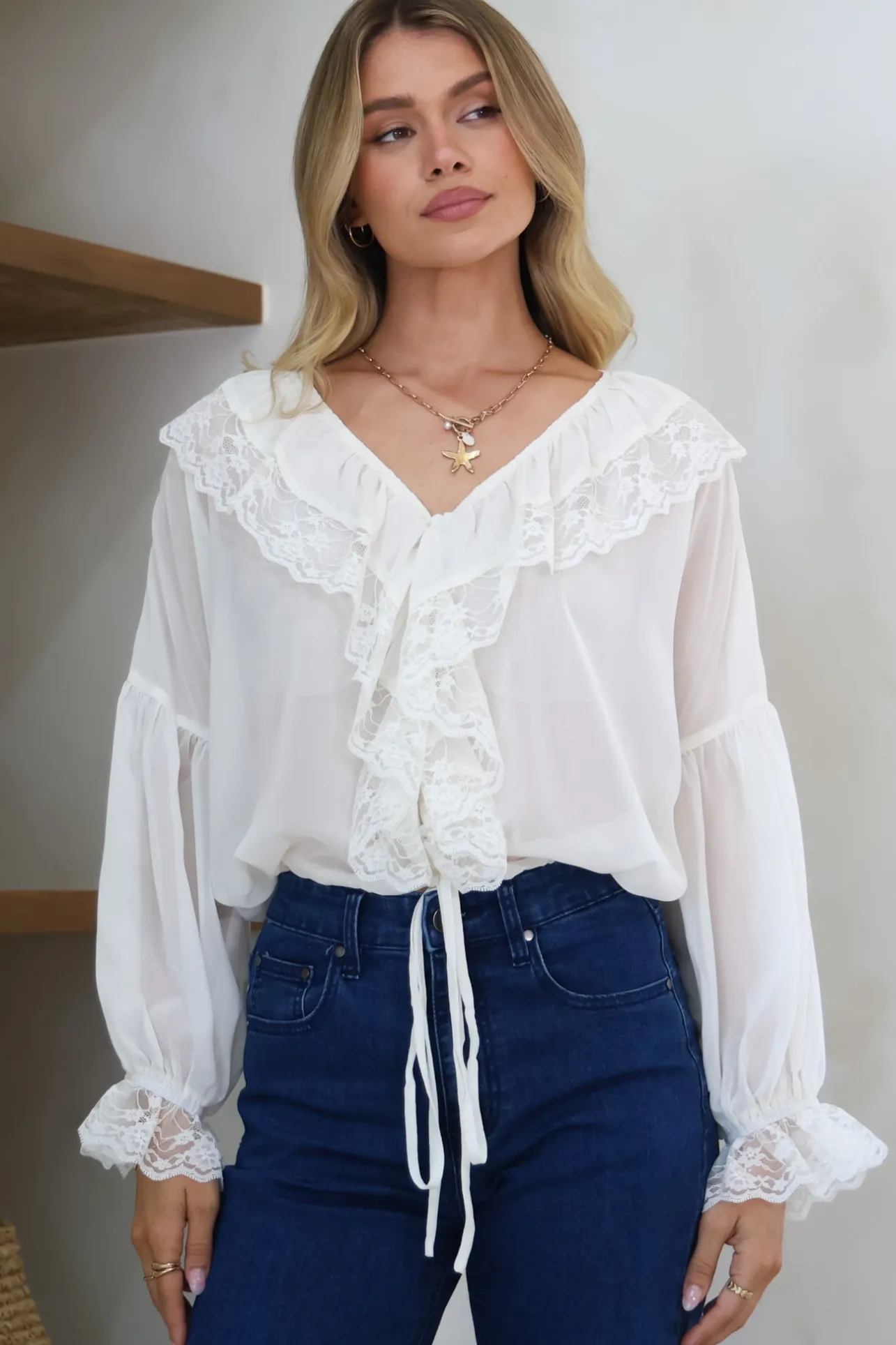 Mallin Blouse - Cascading Ruffles and Lace Crop with Balloon Sleeves in White>Salty Crush Best