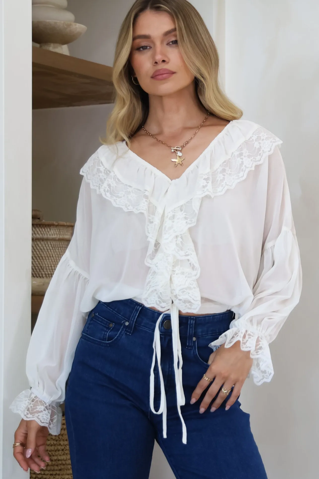 Mallin Blouse - Cascading Ruffles and Lace Crop with Balloon Sleeves in White>Salty Crush Best