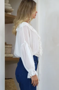 Mallin Blouse - Cascading Ruffles and Lace Crop with Balloon Sleeves in White><noscript><img width=