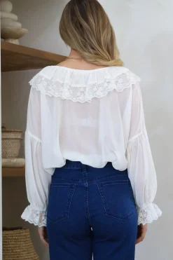 Mallin Blouse - Cascading Ruffles and Lace Crop with Balloon Sleeves in White><noscript><img width=