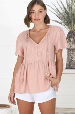 Mallory Top - Pleated Bodice Crochet Trim Cap Sleeve Smock Top in Blush>Salty Crush New