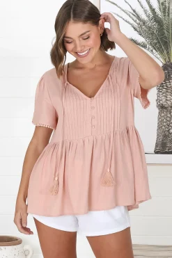 Mallory Top - Pleated Bodice Crochet Trim Cap Sleeve Smock Top in Blush><noscript><img width=
