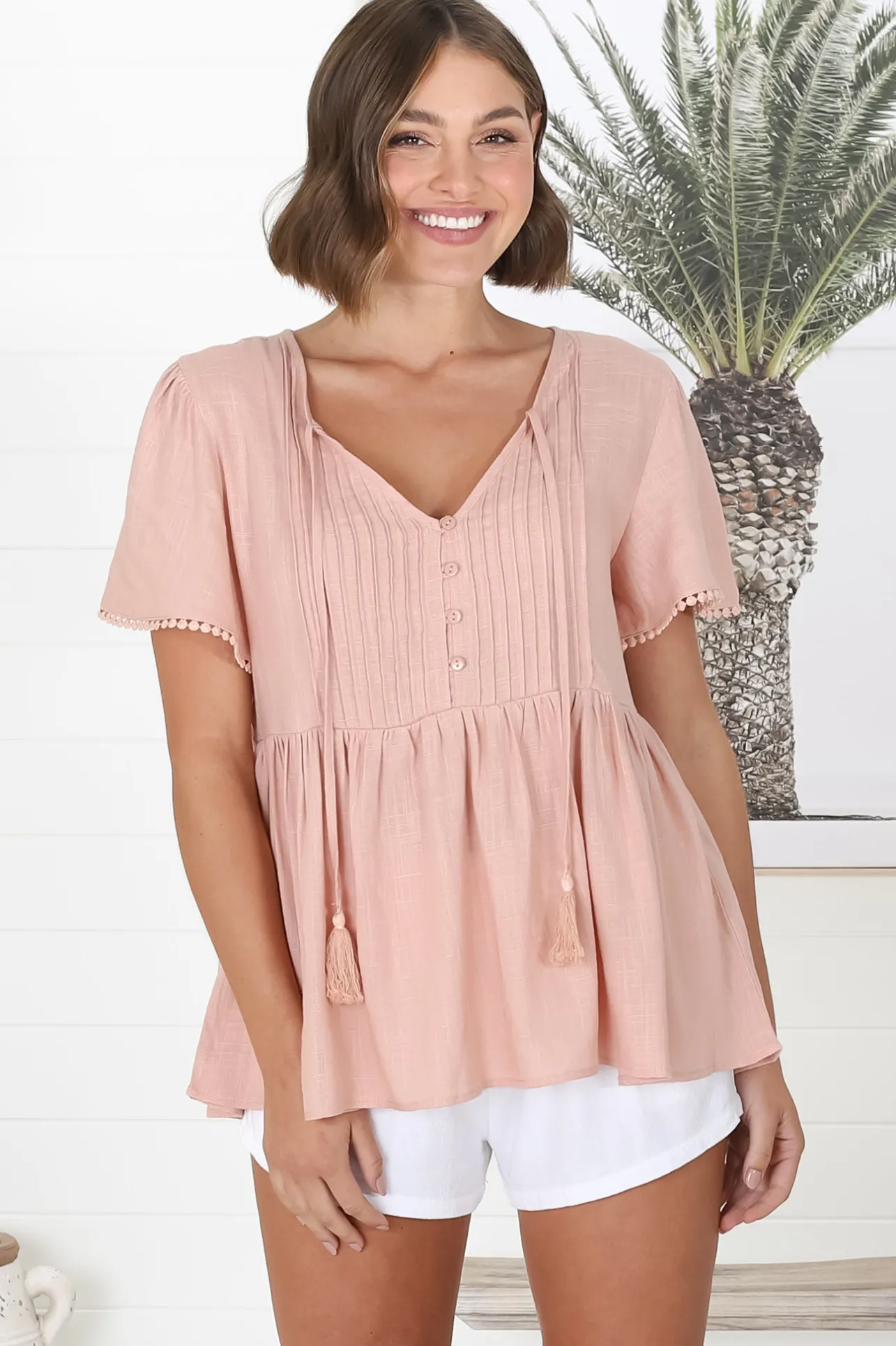 Mallory Top - Pleated Bodice Crochet Trim Cap Sleeve Smock Top in Blush>Salty Crush New