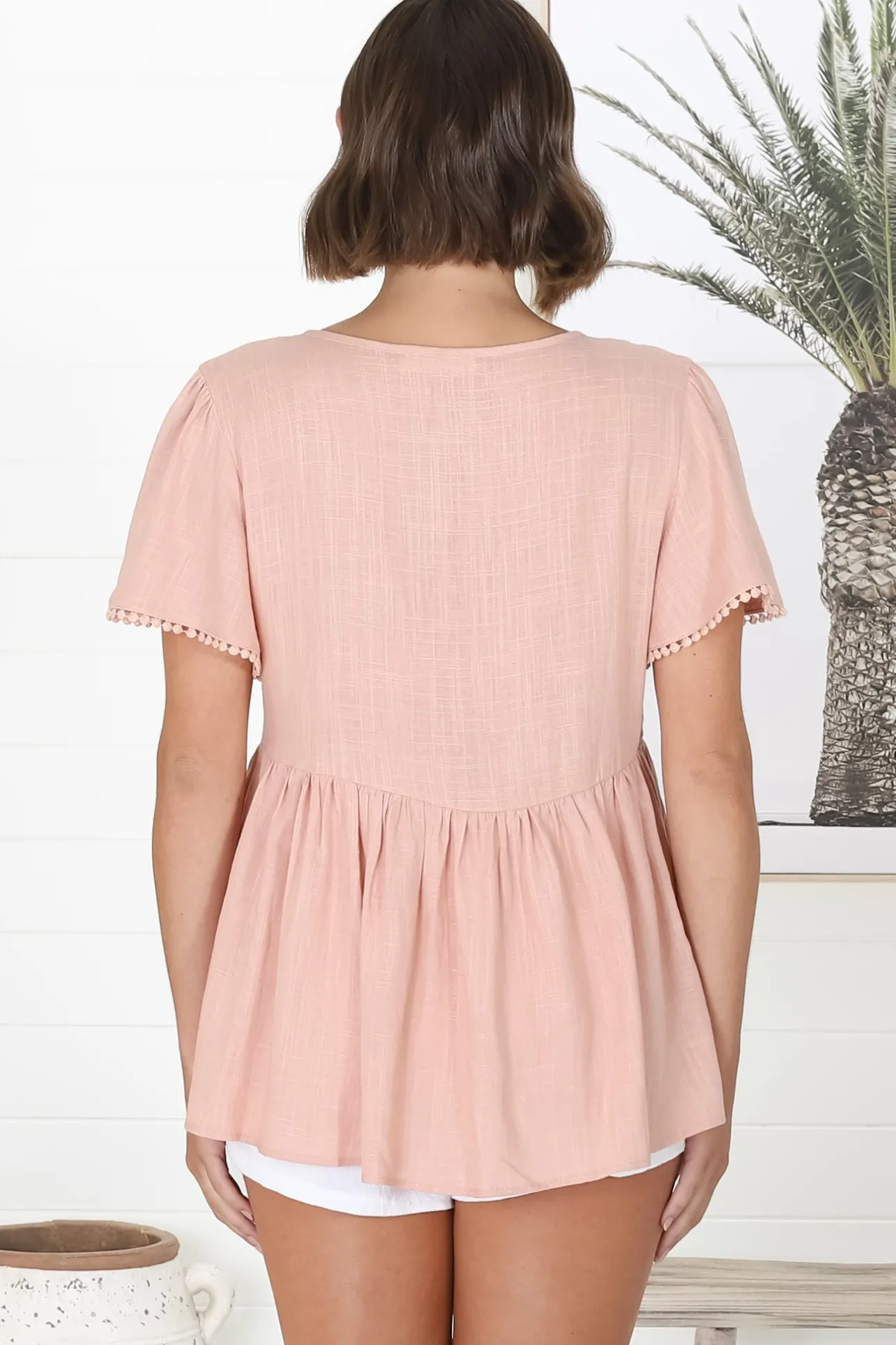 Mallory Top - Pleated Bodice Crochet Trim Cap Sleeve Smock Top in Blush>Salty Crush New
