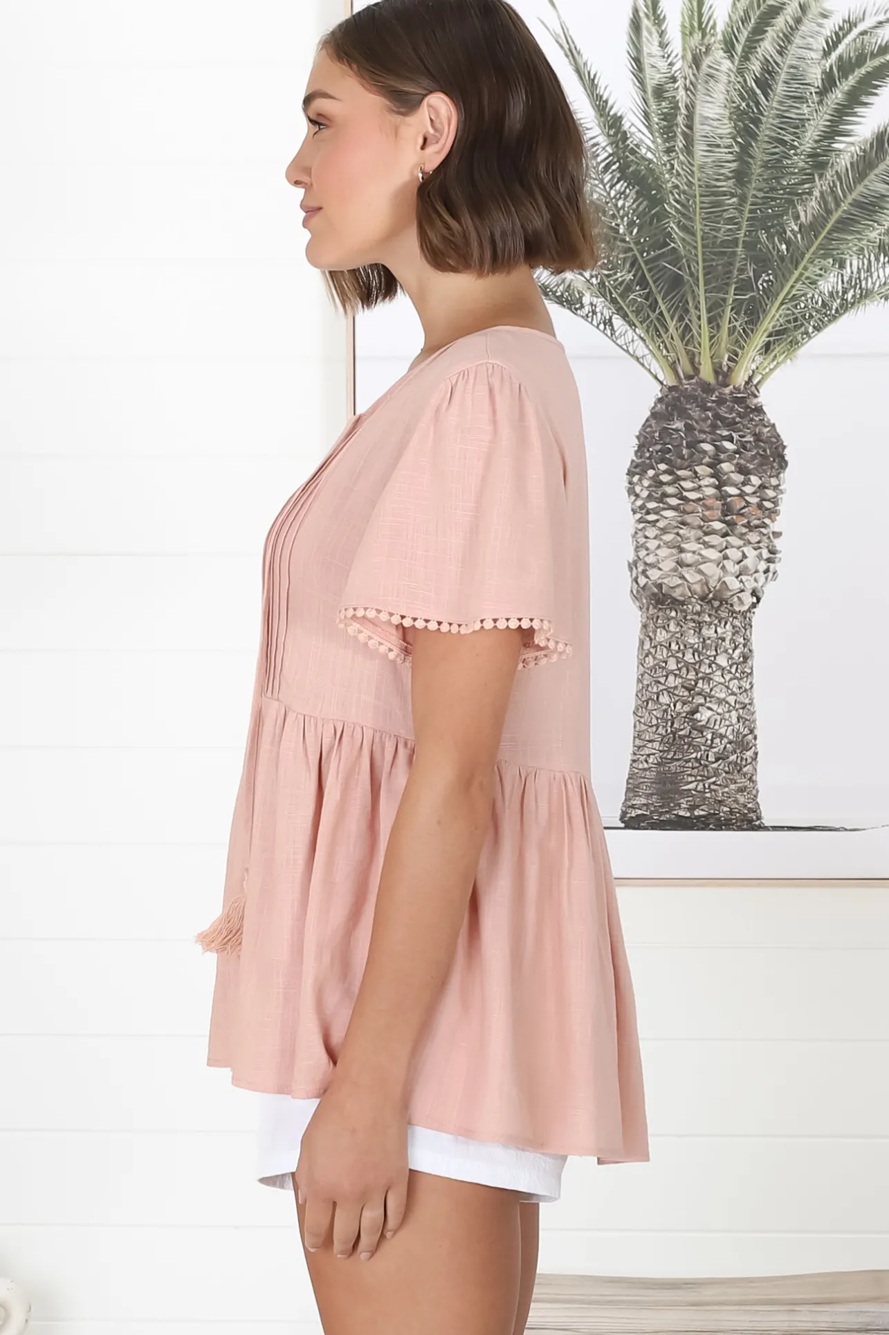 Mallory Top - Pleated Bodice Crochet Trim Cap Sleeve Smock Top in Blush>Salty Crush New