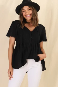 Mallory Top - Pleated Bodice Crochet Trim Cap Sleeve Smock Top in Black>Salty Crush New