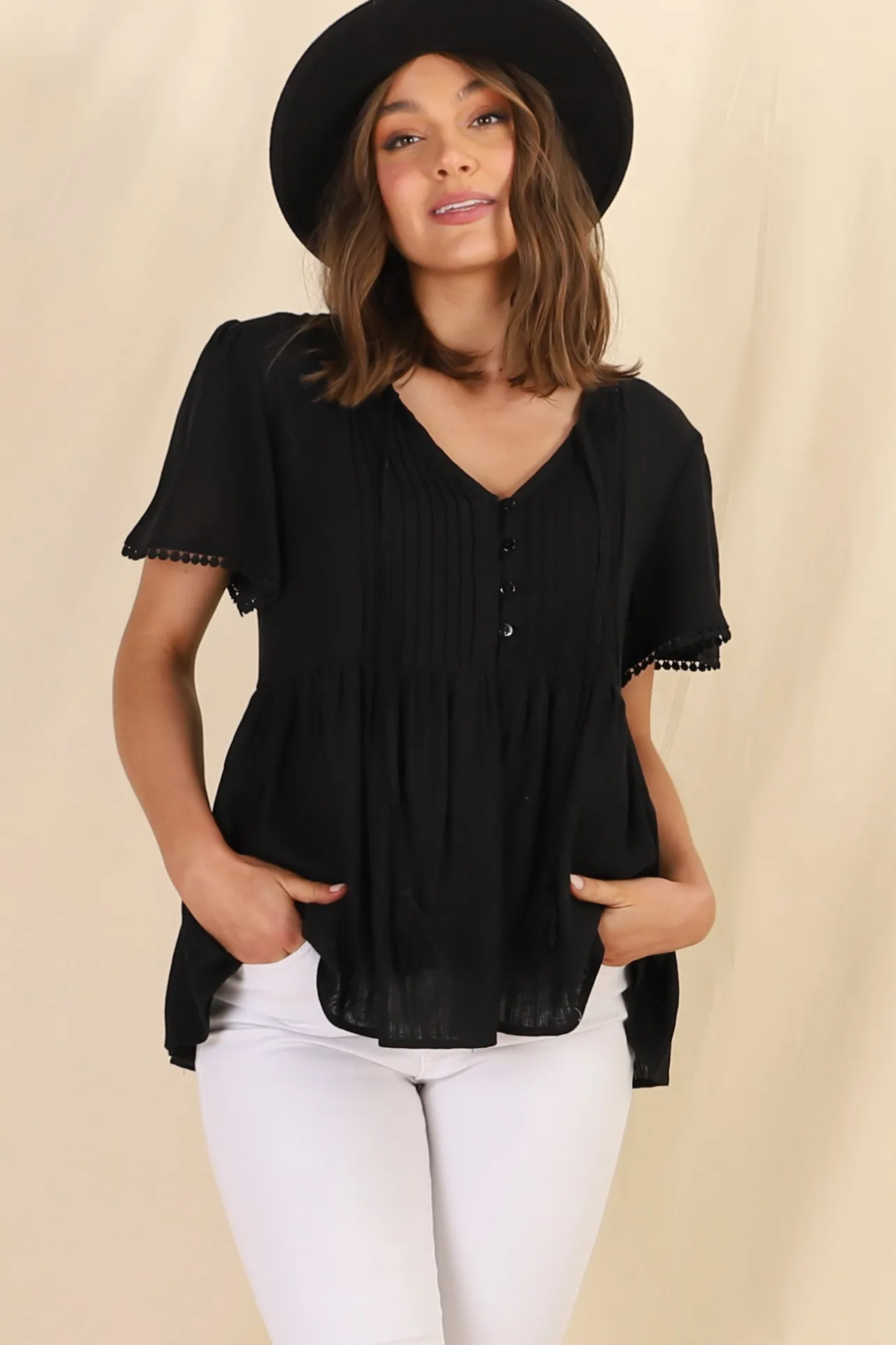 Mallory Top - Pleated Bodice Crochet Trim Cap Sleeve Smock Top in Black>Salty Crush New