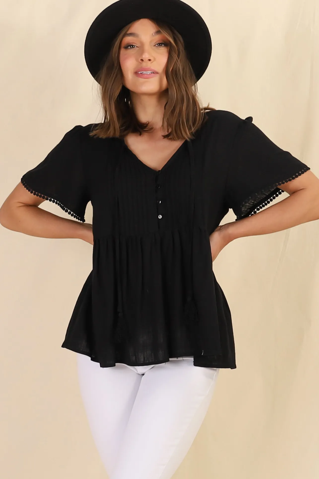Mallory Top - Pleated Bodice Crochet Trim Cap Sleeve Smock Top in Black>Salty Crush New
