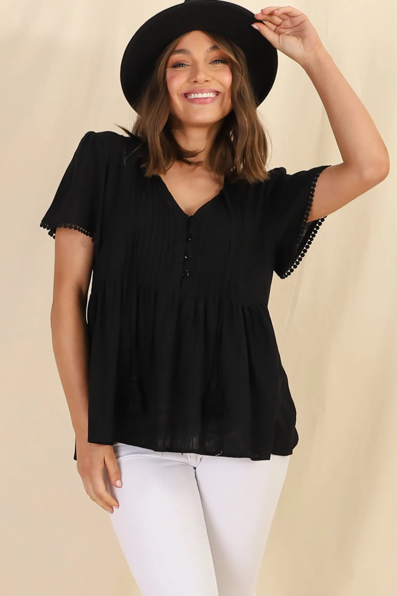 Mallory Top - Pleated Bodice Crochet Trim Cap Sleeve Smock Top in Black>Salty Crush New
