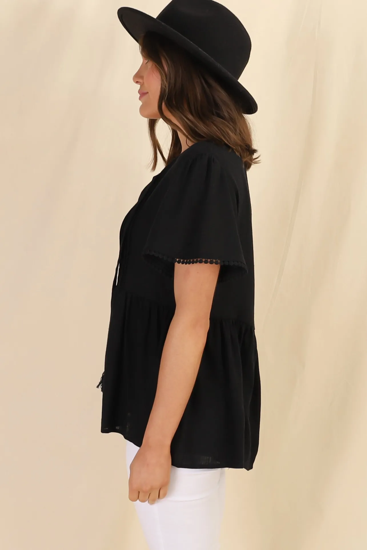 Mallory Top - Pleated Bodice Crochet Trim Cap Sleeve Smock Top in Black>Salty Crush New