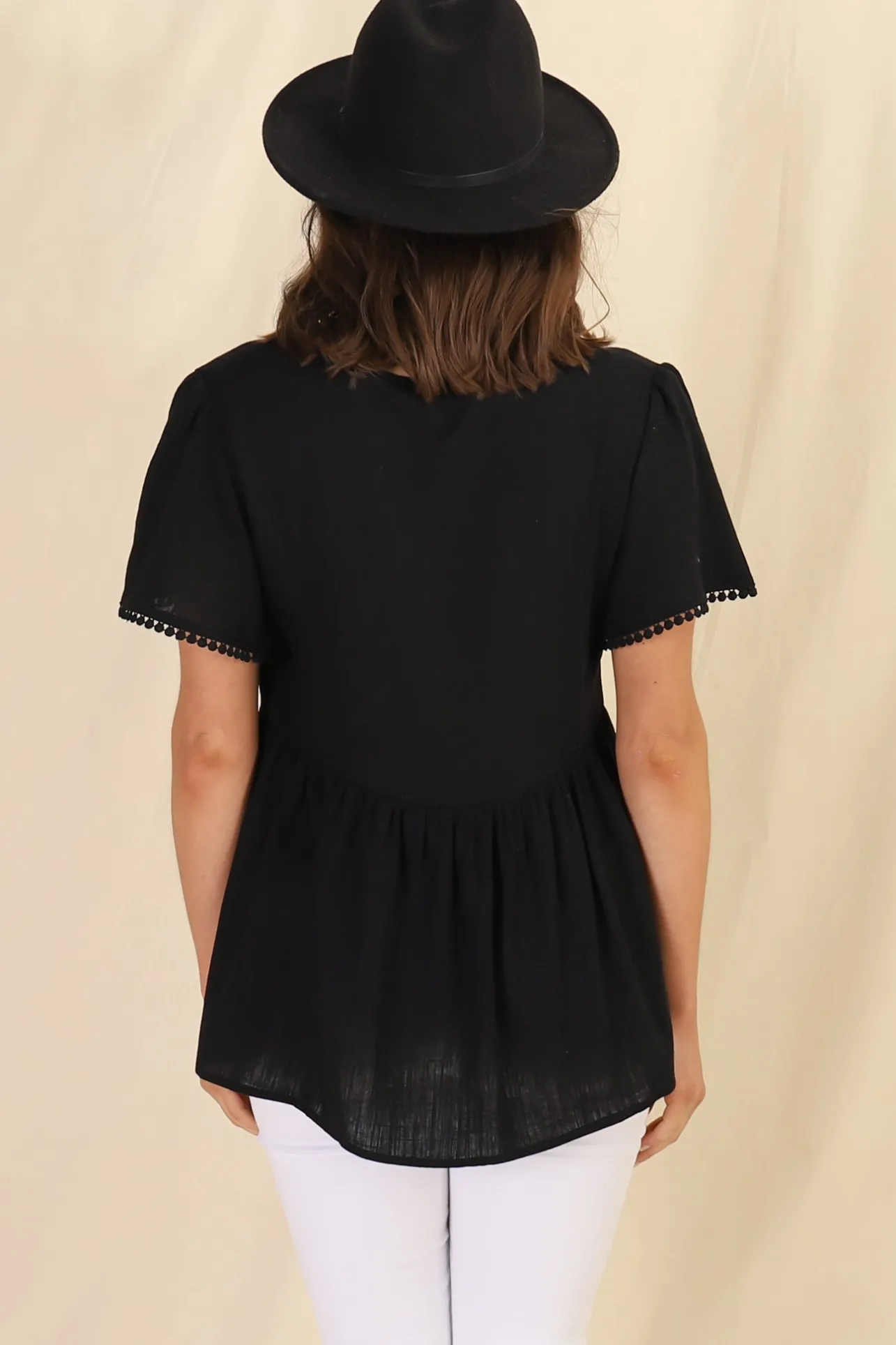 Mallory Top - Pleated Bodice Crochet Trim Cap Sleeve Smock Top in Black>Salty Crush New